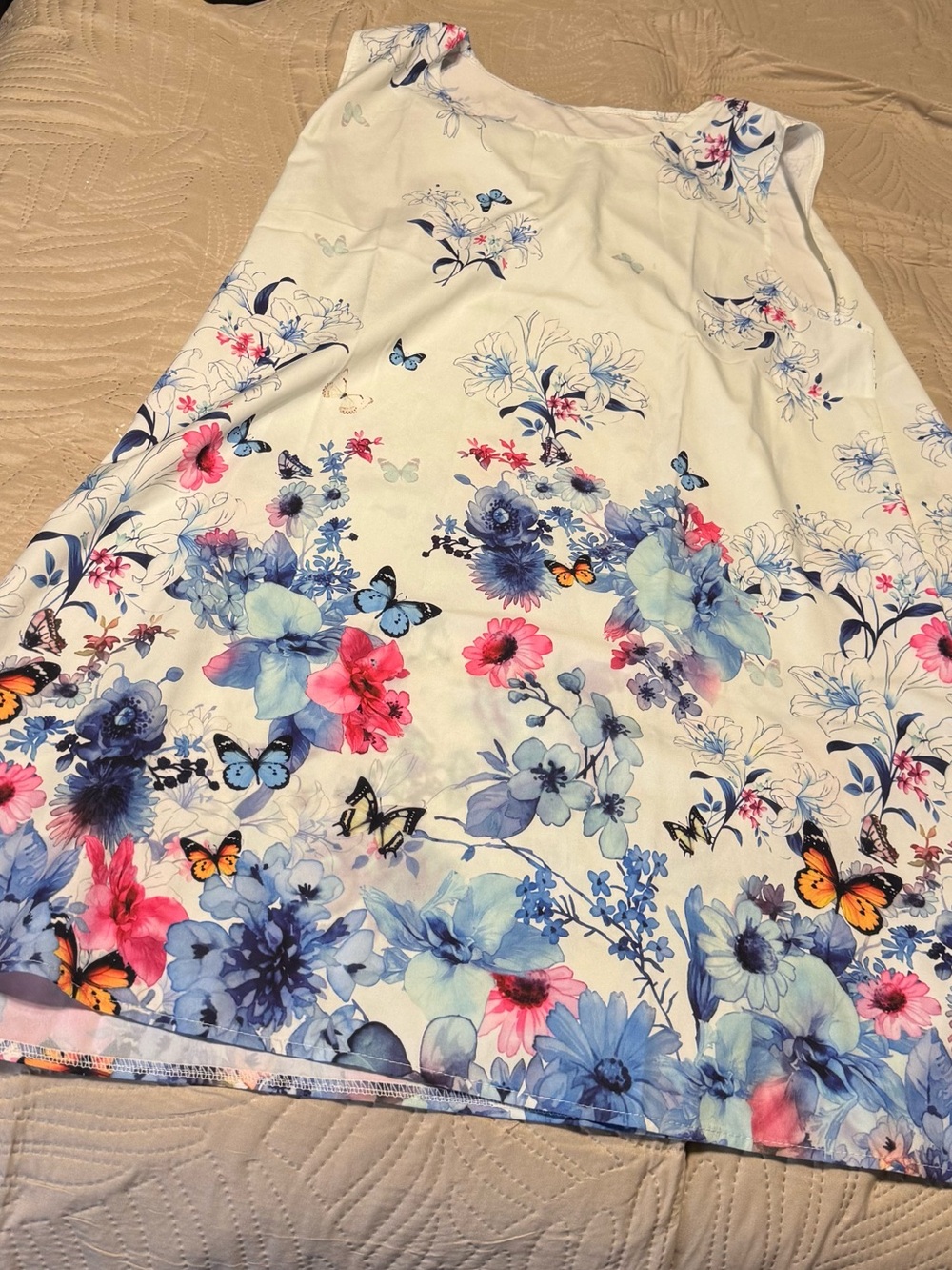 Girls' White Floral & Butterfly Sundress with Blue and Pink Accents